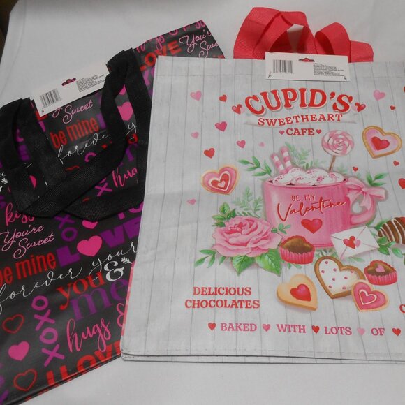 2 NEW Valentine reusable tote shopping Bags Cupid XOXO designs 14X13X6" 💕💕 - Picture 5 of 9